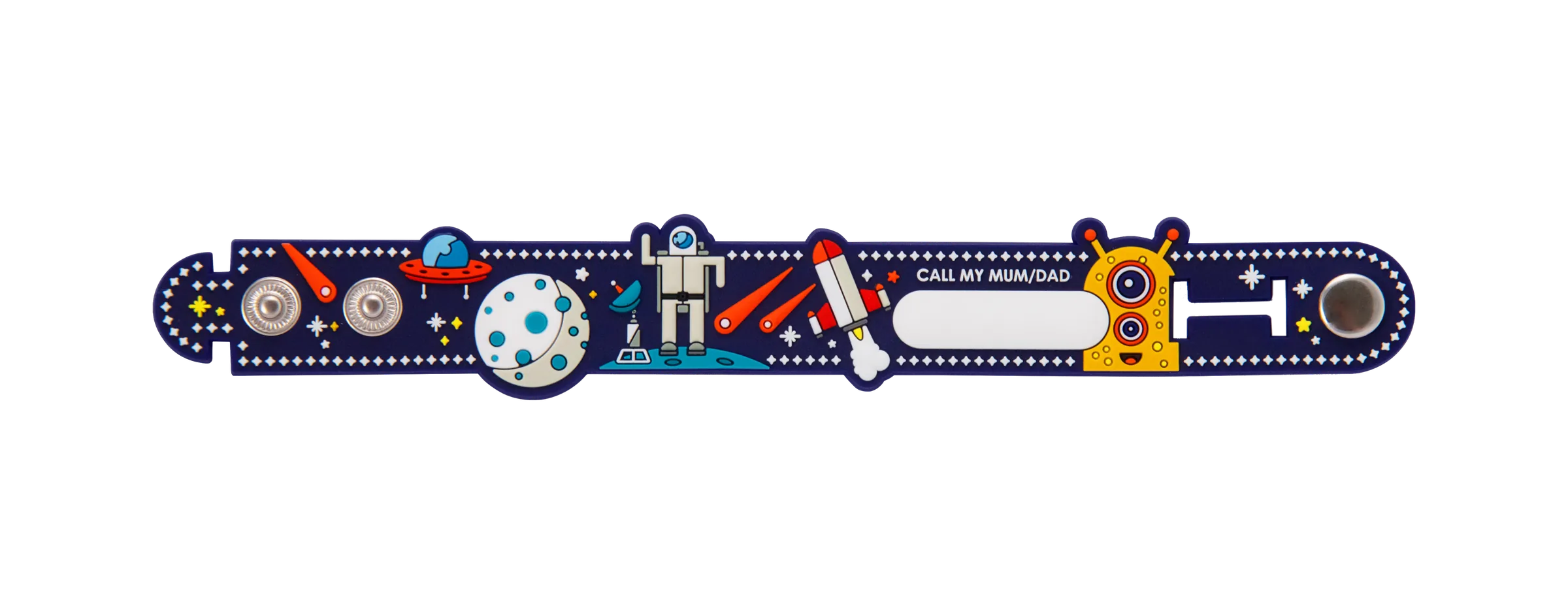 Opaska Call My Mum we wzorze kosmicznym: astronauta, rakieta, planety.