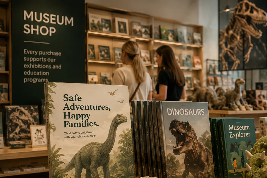Sklep muzealny z książkami i pamiątkami o dinozaurach.