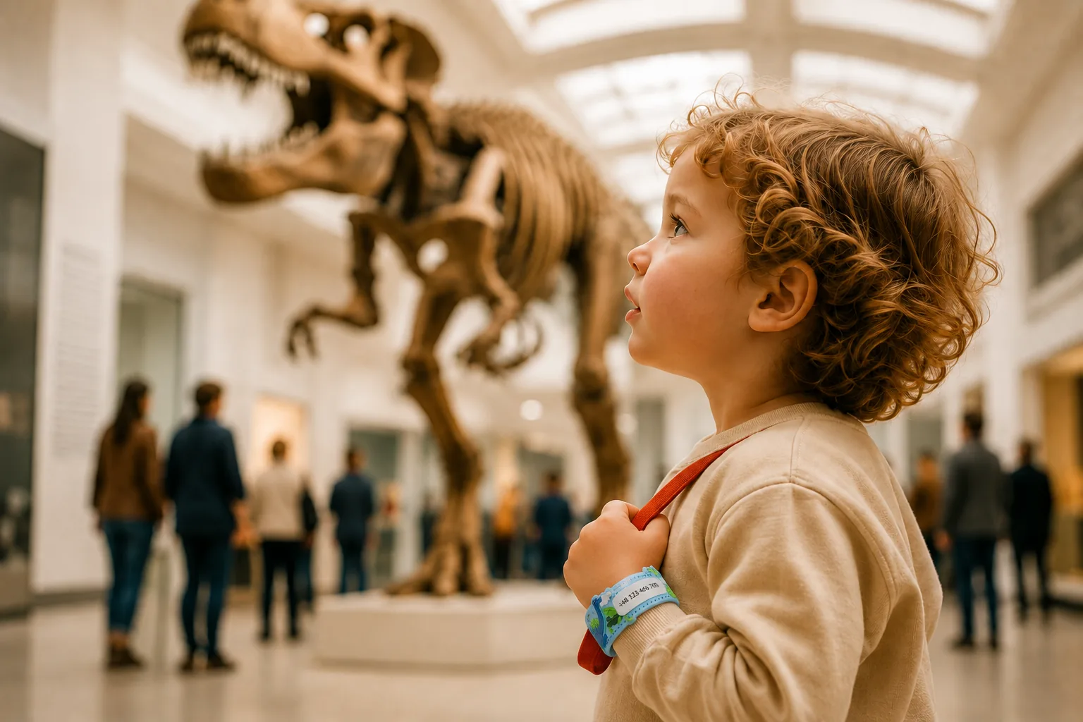 Dziecko w muzeum patrzy na szkielet dinozaura, na nadgarstku ma opaskę Call My Mum.